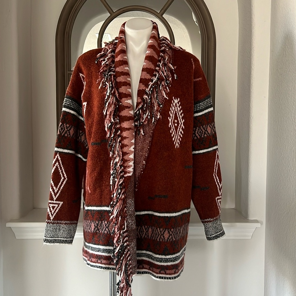 Doe & Rae Aztec Open Front Fringe Cardigan Sweater Brown Multi Size L EXCELLENT! - Picture 9 of 16